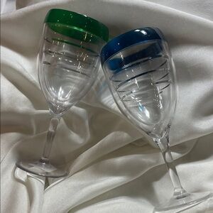 Set of Two Green and Blue Rimmed Wine Glasses
